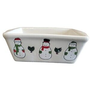 Nantucket Ceramic Mini Loaf Pan Holiday Snowmen Holly Leaves 5" x 3" x 2"